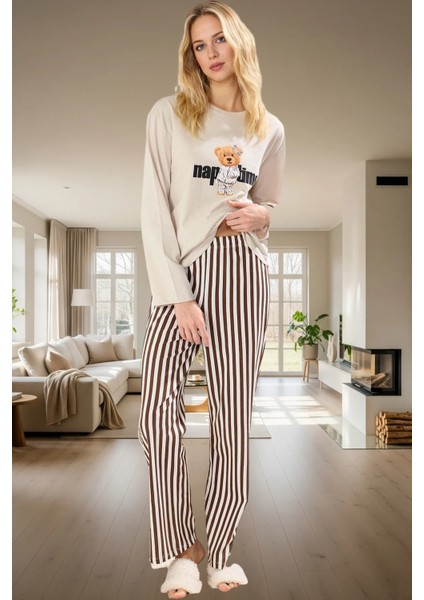 Çizgili Ayıcıklı Kadın Pijama Takımı %100 Pamuk Rahat ve Şık Yüksek Kalite Seçkin Malzeme