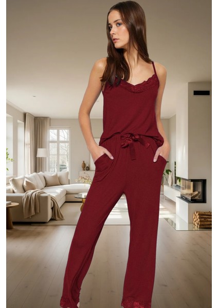 Rahat Viskoz Pijama Takımı Renk Dantel Detay Ince Askılı V Yaka 2'li Takım