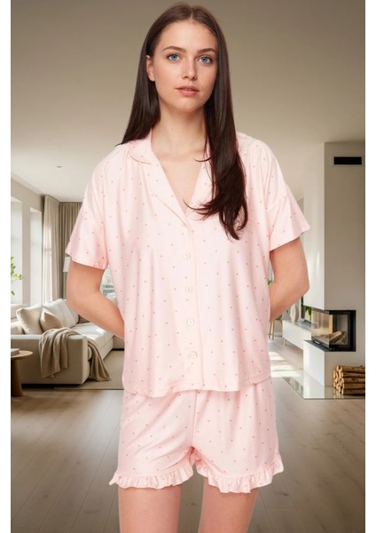 Puantiyeli Fırfırlı Detaylı Regular Kalıp Pijama Takımı Yazlık Konfor Şık Görünüm