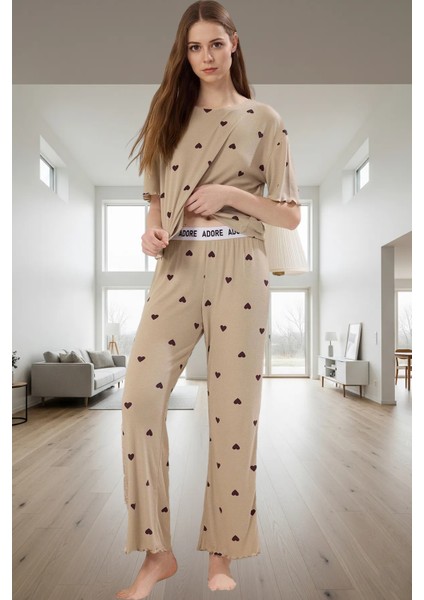 Rahat Örme Pijama Takımı Kalpli Desenli 2 Parça Regular Kalıp Modern Stil Zarifane Tasarım