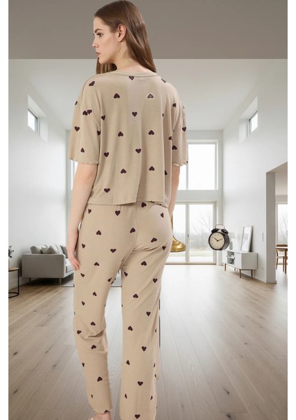 Rahat Örme Pijama Takımı Kalpli Desenli 2 Parça Regular Kalıp Modern Stil Zarifane Tasarım modelleri