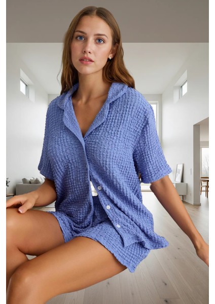 Rahat Pijama Takımı %99 Polyester Bürümcük Dokuma Kısa Kollu Şık Görünüm Uzun Ömürlü