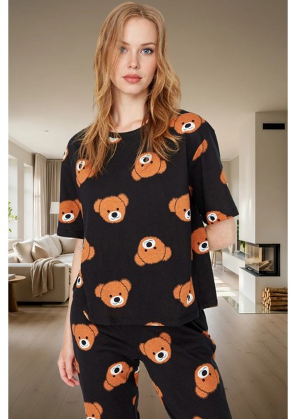 Kadın %100 Pamuklu Pijama Takımı Ayıcıklı Desen Boru Paça Regular Lounge Giyim Yüksek Kalite