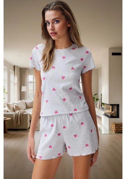 Rahat Yazlık Pijama Takımı Kalpli Desen Örme Kumaş Lastikli Şort Yüksek Kalite Mükemmel Uyum fiyatları