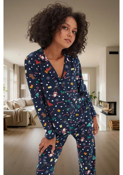 Yumuşak Pamuklu Kış Pijama Takımı Noel Baskılarıyla Sıcaklık ve Konfor Dayanıklı Malzeme