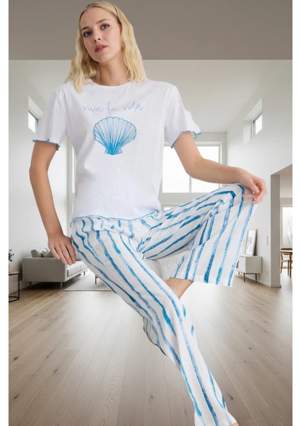 100 Viskoz Örme Boru Paça Pijama Takımı Mix Baskı Çizgili Rahat ve Şık Görünüm Yüksek Kalite