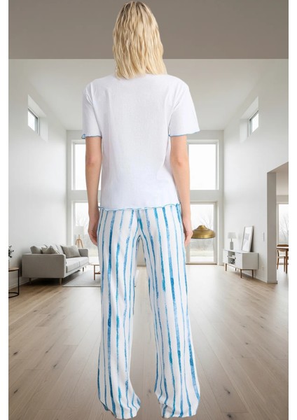 100 Viskoz Örme Boru Paça Pijama Takımı Mix Baskı Çizgili Rahat ve Şık Görünüm Yüksek Kalite modelleri