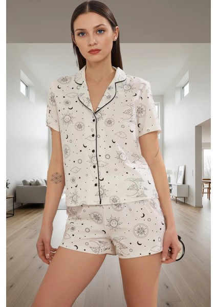Pamuklu Biyeli Pijama Takımı Galaksi Desenli Rahat Kalıp Günlük Kullanım Için fiyatları