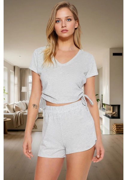 Büzgülü Detaylı Pijama Takımı Yumuşak Pamuk Karışımı Rahat Kalıp V Yaka Yazlık ve Şık