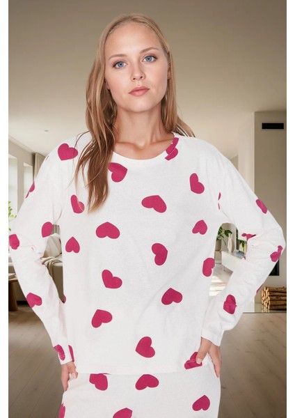 Kışlık Rahatlık 2'li Kalpli Örme Pijama Takımı %100 Pamuk Mükemmel Uyum Özenle Seçilmiş
