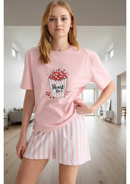 Yazlık Pamuklu Pijama Takımı Kalpli Çizgiler Regular Kalıp Rahat Uyku Premium Kalite