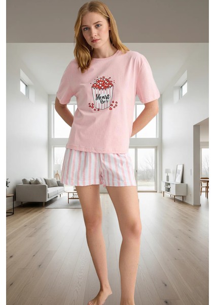 Yazlık Pamuklu Pijama Takımı Kalpli Çizgiler Regular Kalıp Rahat Uyku Premium Kalite fiyatları