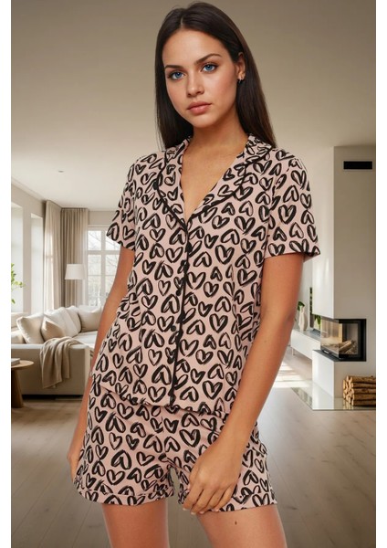 Yazlık Şortlu Pijama Takımı 95 Pamuk 5 Elastan Kalp Desenli Rahat Uyku Dayanıklı Malzeme fiyatları
