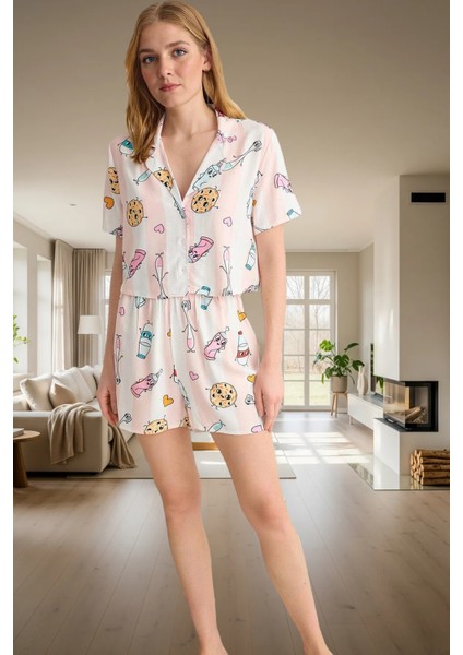 Viskoz Baskılı Pijama Takımı Şortlu Düğmeli Yazlık Rahat Kullanım Günlük Için