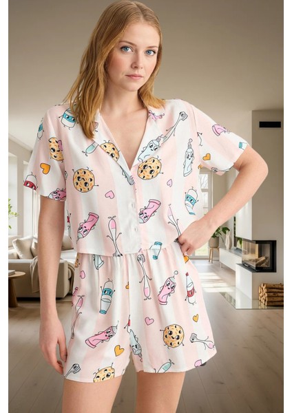 Viskoz Baskılı Pijama Takımı Şortlu Düğmeli Yazlık Rahat Kullanım Günlük Için fiyatları