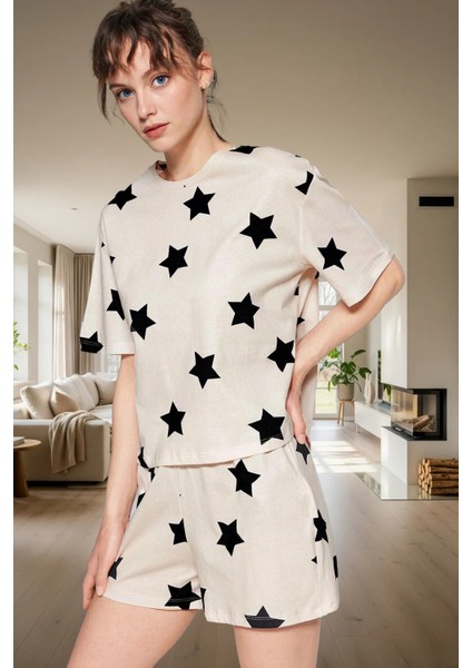 Rahat Pamuklu Pijama Takımı Çok Yıldız Desenli Şort Zarifane Tasarım Yüksek Kalite