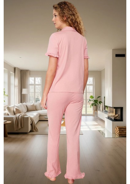 Rahat %100 Pamuklu Leopar Pijama Takımı Kısa Kollu Gömlek ve Boru Paça Pantolon Zarifane Tasarım modelleri
