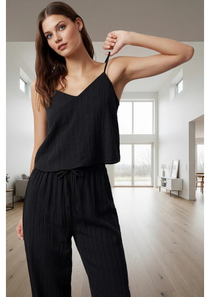 Rahat Geniş Paça Pijama Takımı Viskonlu Crinkle Dokuma Profesyonel Görünüm ve Şık fiyatları