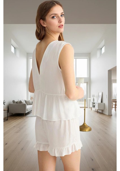 Viskon Pijama Takımı Fırfır Detaylı Rahat Yazlık Ev Giyim Seti Kaliteli Işçilik fiyatları