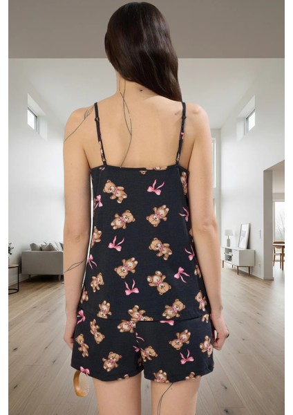 Yazlık %100 Pamuklu Rahat Pijama Takımı; Ayıcıklı Desen V Yaka Regular Kalıp Zarifane Tasarım modelleri