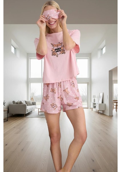 Ayıcıklı Desenli %100 Pamuk Pijama Takımı Uyku Bandı Şort Regular Kalıp Konforlu Kesim
