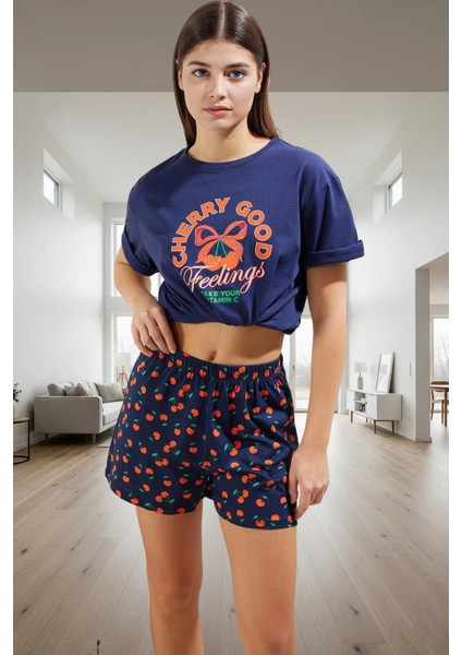 Rahat Pamuklu Kiraz Desenli Pijama Takımı Yazlık Şort ve T Shirt Mükemmel Uyum Zarifane Tasarım