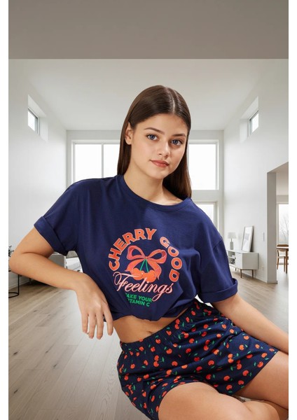 Rahat Pamuklu Kiraz Desenli Pijama Takımı Yazlık Şort ve T Shirt Mükemmel Uyum Zarifane Tasarım fiyatları