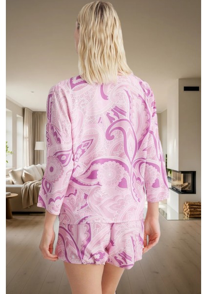 Bohem Stil Viskon Pijama Takımı Etnik Desenli Bağlamalı Şortlu Yazlık Dayanıklı Malzeme Şık Görünüm modelleri