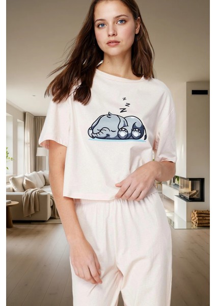 Rahat %100 Pamuklu Fil Desenli Pijama Takımı Zarifane Tasarım Özenle Seçilmiş Yüksek Kalite