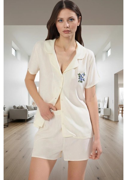 Şık ve Rahat Nakışlı Viskoz Pijama Takımı Yazlık Homewear Koleksiyonu Uzun Ömürlü