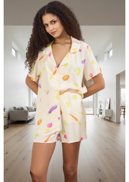 Rahat ve Şık %100 Viskon Sebze Desenli Pijama Takımı Şortlu Seçkin Malzeme