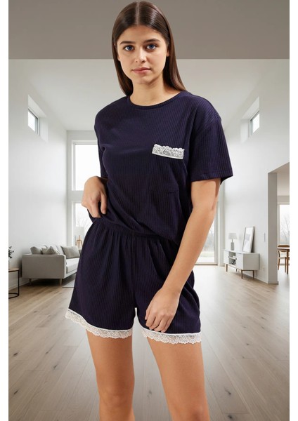 Yazlık Şortlu Pijama Takımı Nefes Alan Kaşkorse Kumaş Dantel Detay Günlük Kullanım Için