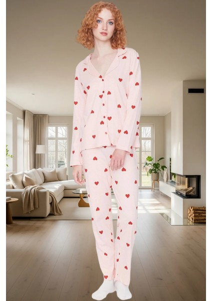 Rahat ve Şık %100 Pamuklu Kalpli Pijama Takımı Kış Için Ideal Zarifane Tasarım
