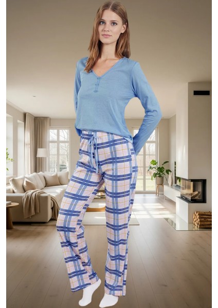 Şık Ekose Pamuklu Pijama Takımı; V Yaka Boru Paça Regular Modern Stil Günlük Kullanım Için