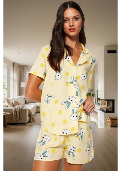 Yazlık Homewear Pijama Takımı Tavşan Desenli Viskon Şort Uzun Ömürlü Mükemmel Uyum modelleri