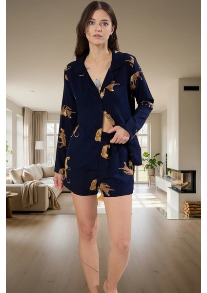 Rahat ve Şık 100% Viskon Kaplan Desenli Pijama Takımı Uzun Ömürlü Görünüm Günlük Kullanım Için
