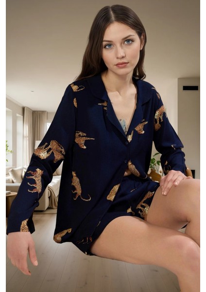 Rahat ve Şık 100% Viskon Kaplan Desenli Pijama Takımı Uzun Ömürlü Görünüm Günlük Kullanım Için fiyatları