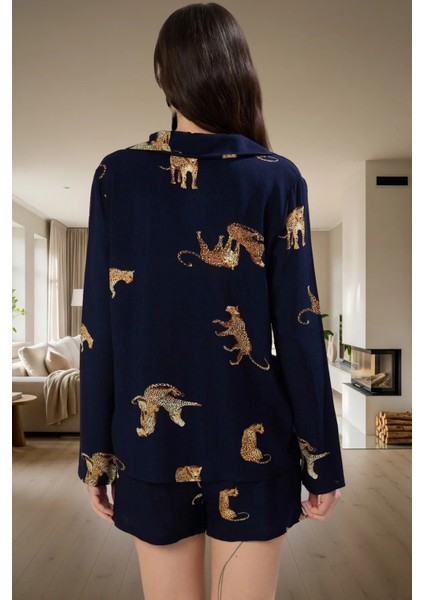 Rahat ve Şık 100% Viskon Kaplan Desenli Pijama Takımı Uzun Ömürlü Görünüm Günlük Kullanım Için modelleri