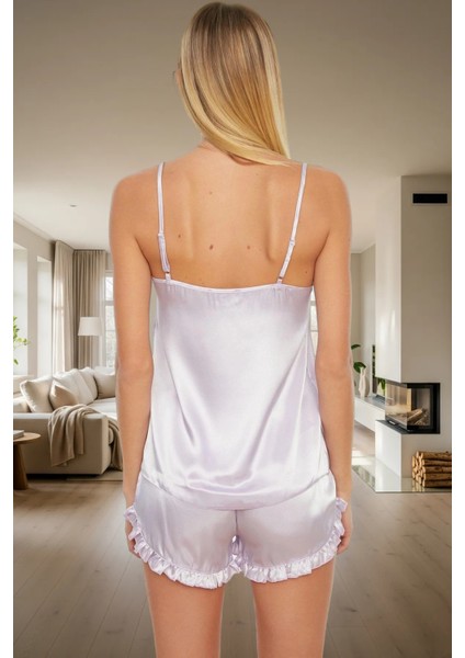 100% Polyester Saten Pijama Takımı V Yaka Fırfırlı Boru Paça Yazlık Özel Tasarım modelleri
