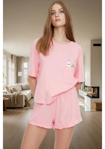 Rahat Yazlık Pijama Takımı Kısa Kollu Tişört ve Şort Pamuklu Örme Kumaş Özenle Seçilmiş