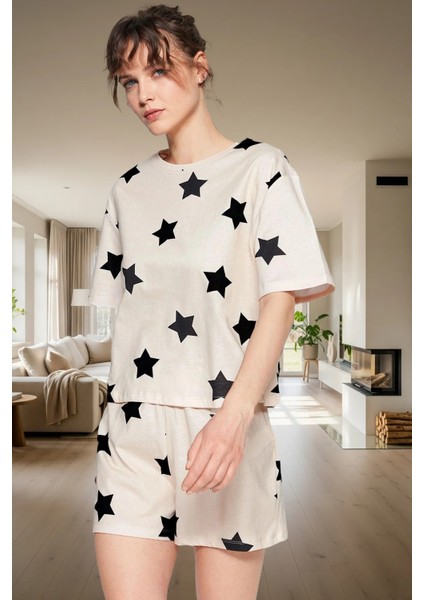 Yazlık %100 Pamuklu Pijama Takımı Yıldız Desenli Rahat Şort Kaliteli Işçilik Profesyonel Görünüm