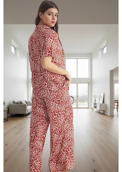 Rahat ve Şık Leopar Desenli Viskoz Pijama Takımı Yaz Için Mükemmel Uzun Ömürlü Modern Stil modelleri