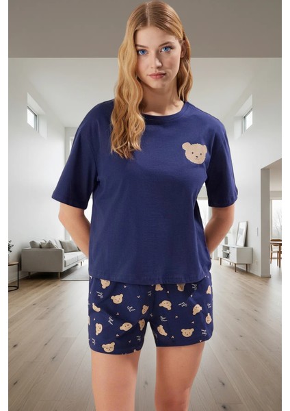 Yazlık %100 Pamuklu Kadın Pijama Takımı Ayıcıklı Desen Boru Paça Şort Bisiklet Yaka Trend Tasarım