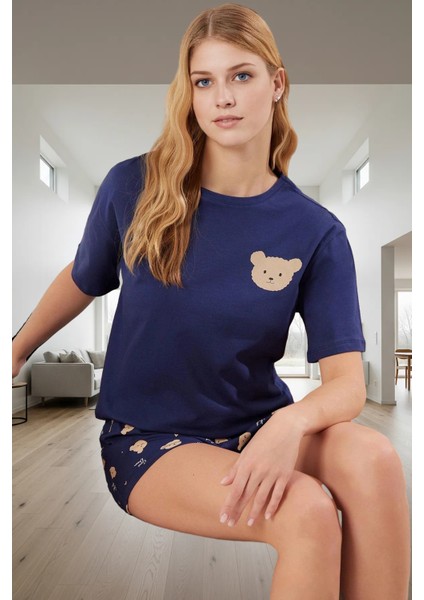 Yazlık %100 Pamuklu Kadın Pijama Takımı Ayıcıklı Desen Boru Paça Şort Bisiklet Yaka Trend Tasarım fiyatları