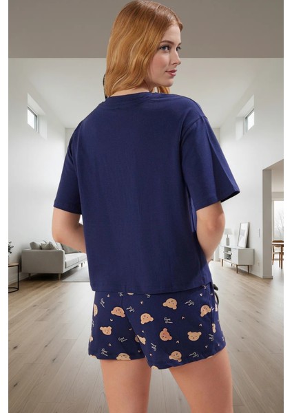 Yazlık %100 Pamuklu Kadın Pijama Takımı Ayıcıklı Desen Boru Paça Şort Bisiklet Yaka Trend Tasarım modelleri