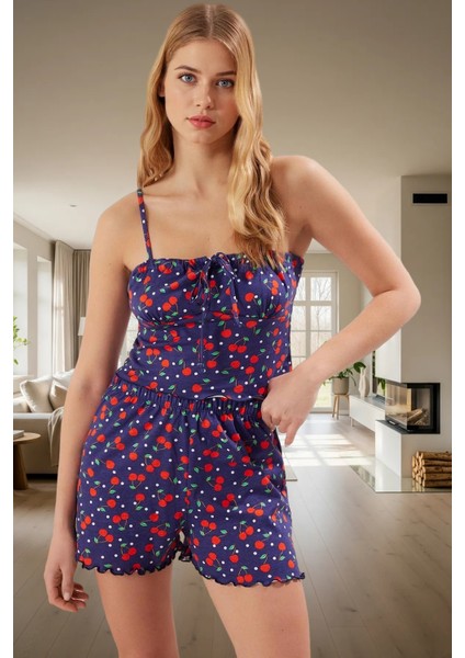 Kiraz Desenli Örme Pamuklu Pijama Ince Askılı ve Şortlu Rahat Kullanım Trend Tasarım fiyatları