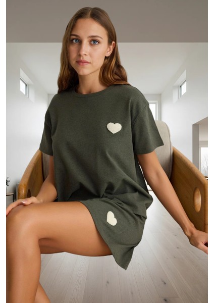 Rahat Yazlık Pijama Takımı Pamuklu Örme Renk Kalp Detaylı 2’li Günlük Kullanım Için
