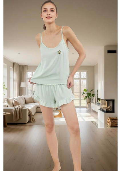 Kiraz Nakışlı Viskon Pijama Takımı Şortlu Kolsuz Regular Kalıp Yüksek Kalite Modern Stil