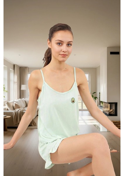 Kiraz Nakışlı Viskon Pijama Takımı Şortlu Kolsuz Regular Kalıp Yüksek Kalite Modern Stil fiyatları