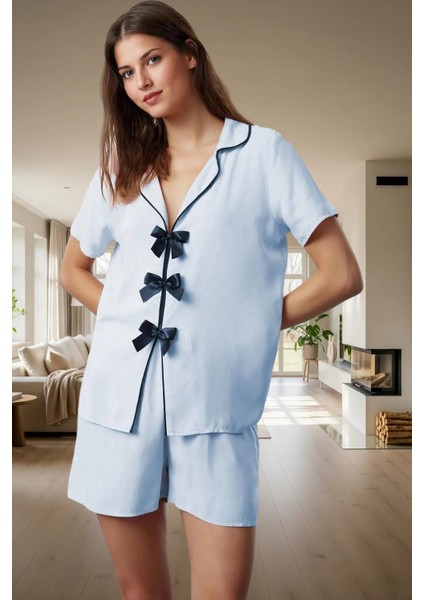 Rahat Yazlık Pijama Takımı Viskoz Kurdele Detaylı Şortlu Kaliteli Işçilik Özenle Seçilmiş fiyatları